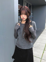 [Muffler Set/Fake Layered] チャドストライプレイヤードショートスリーブニットTシャツセット