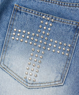 Cross Stud Denim Bermuda Pants - Light Blue