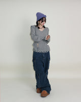 ラバーVネックダメージカットポイント長袖ニット (wool material)