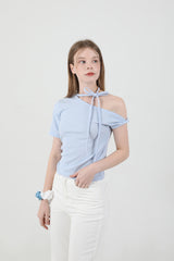 Off Shoulder Twist Half-Sleeve T-shirt Sky Blue