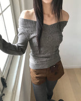シモVネックスリムフィットケーブルニット