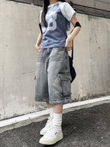 Unisex ツーウェイバミューダジッパーカーゴワイドデニムパンツ