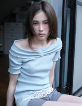 アシンメトリック リブ オフショルダー Tシャツ(MINT)