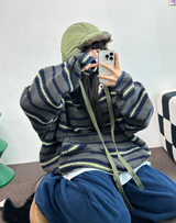 ストライプフリースワンサイドストリングアノラックニットスウェット 💙🩶🧡3COLOR