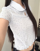 ソミングフラワーラウンドカラーフリルショートスリーブTシャツ