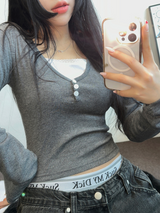 LAYERED SLIM GLAMOUR LONG SLEEVE T SHIRT 🩵🖤🩶3COLOR