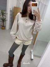 ウールナッピングカラーストライプロングスリーブTシャツ