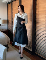 Sene color matching shirring drape shirt long one piece