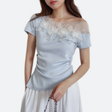 Asymmetrical Lace Trim Off-Shoulder Tee