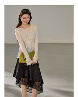 Asymmetric Lace Mix Silk Midi Skirt