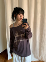 ガウス ルーズフィット プリンティング オフショルダー ロングスリーブ Tシャツ
