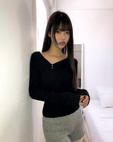 Regen アシンメトリーボタン Vネック リブニット