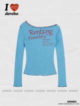 wide neck off-shoulder lettering long-sleeve t-shirt