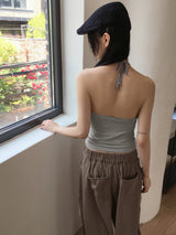 Leve Vintage Lace Ribbon Point Halter Strap Tank Top