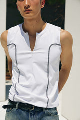 Curved half zip up sleeveless(White)