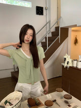 グリーンレイヤードVネックショートスリーブニットTシャツ