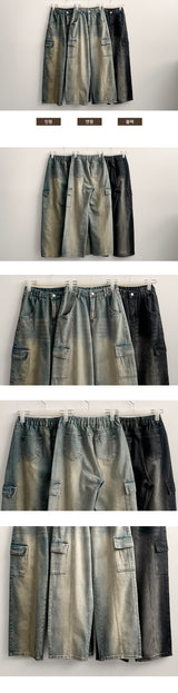 クレウエストバンドにスリット入りカーゴデニムワイドパンツ