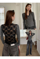 V-neck stripe back see-through T-shirt