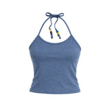Beads Pigment Halter Neck Sleeveless Blue