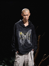 RELABEL 24AW Butterfly-Feathered Two Colour Hooded Aged Low Bottom Hem Adjustable Theme Print Long Sleeve T