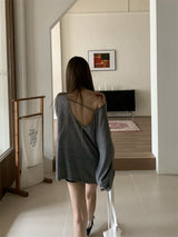 Boxy loose fit unbalanced shoulder long-sleeve T-shirt