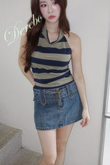 Belt dark blue mini denim pants skirt