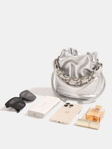 Silver woven chain bucket shoulder crossbody bag