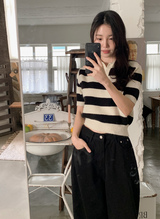ボーダーふわふわスキッパー半袖ニット(3color)