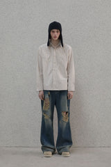 Lettering sleeve striped shirt - Beige
