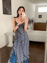 Slit shirring flower long sleeveless dress