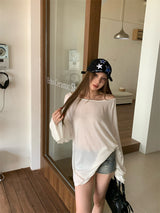 Boxy loose fit unbalanced shoulder long-sleeve T-shirt