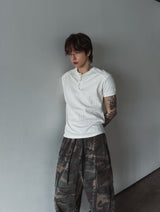 Rib shawl patch henley neck short sleeve t-shirt