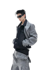 Striped Denim Panel Suit Jacket