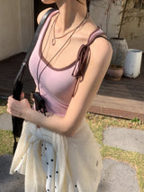 リボンシュガーコントラストリボンスリーブレストップ