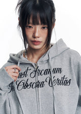 レタリング刺繍フーディージップアップ - グレー