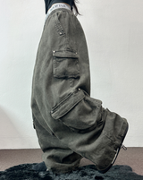 FLEECE/STRING TWO CARGO RIVET WIDE BALLOON LONG PANTS💚🤎🖤🩶4COLOR