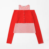 Button off crop cardigan set Red