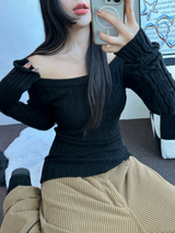OFF SHOULDER TWISTED SLIN LONG KNIT 🩶🤍🖤3COLOR
