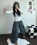 HOT HEAT 🔥 PADDING CARGO OVER UNISEX LONG PANTS🩶🖤2COLOR