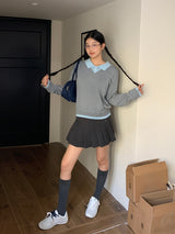 Collar Layered V-neck Long-Sleeved Knitwear