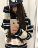 Nobin Stripe Contrast Collar Long Sleeve Knit