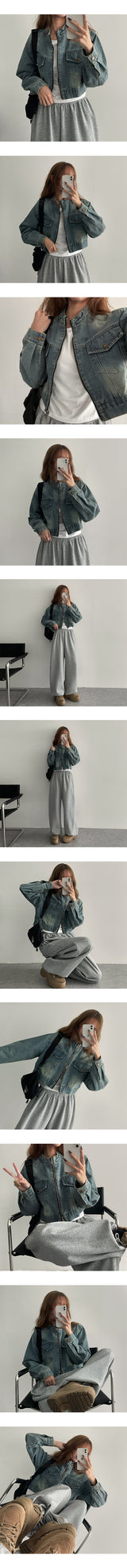 Gabe Round Neck Washed Cropped Jean Jacket