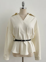 Doberin Open Collar Pintuck Blouse (Belt Set)