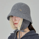 VA Curved Circle Logo Wool Blend Flap Bucket Hat / Melange Gray