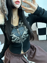 FUR🤎🧸CROPPED HALF PRINTING JUMPER ZIP UP🩶🖤2COLOR