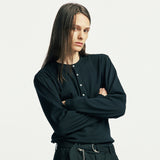 below button-down henry neck long sleeve black