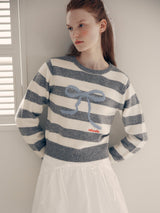 WOOL BLENDED RIBBON STRIPE KNIT WH+GY