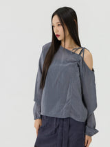 One-shoulder Blanc Ribbon Shirring Detail Top, Charcoal
