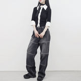 (Unisex) リザポケットワイドデニムパンツ