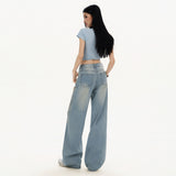 Light blue gradient blush washed straight leg floor-length jeans